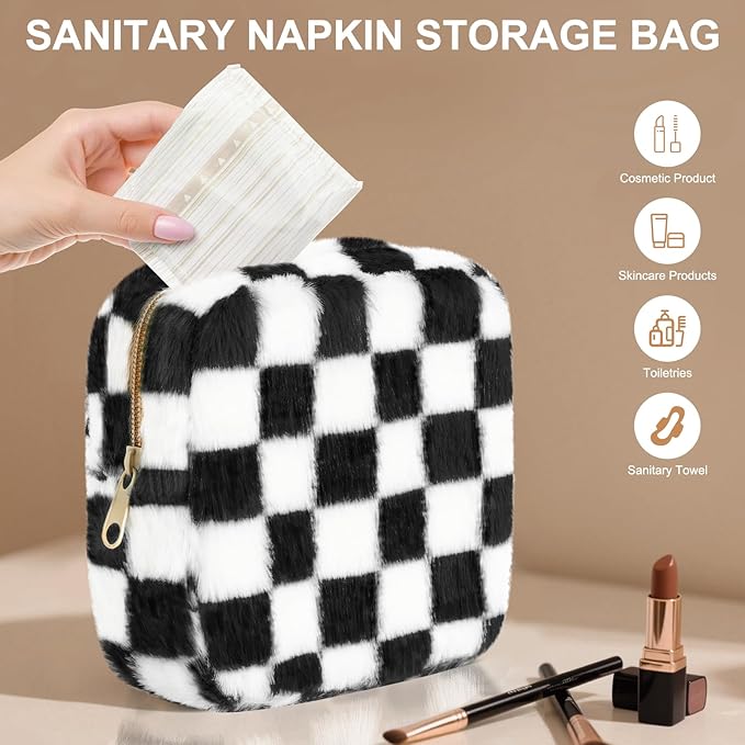 CekPo Sanitary Napkin Storage Bag, Period Bag for Teen Girls, Checkered Portable Menstrual Pad Pouch for Panty Liners, Tampon Storage Pouch for Women Ladies Daily Use Storage Purse Travel