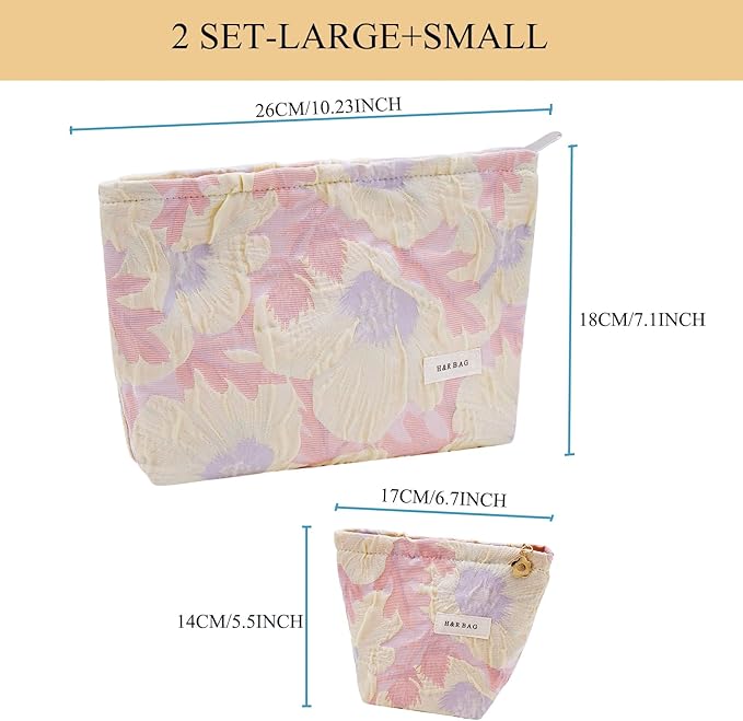 getgto 2 Pcs Makeup Bags, Large Cosmetic Bag Travel Toiletry Bag Organizer for Women, Embroidery Craft, Floral Makeup Bag Small Cosmetic Pouch Purse with Zipper Gifts for Girls Teen