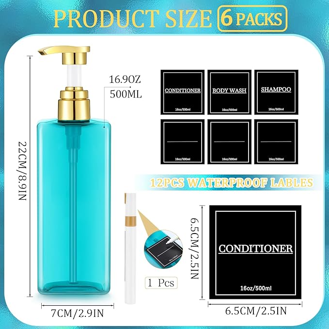 Gejoy 12 Pack Blue Shampoo and Conditioner Dispenser Bottles, 17 Oz/ 500ml Refillable Empty Pump Bottles with Labels and Marker Pen, Plastic Square Pump Dispenser Bottle for Bathroom Body Wash Shower