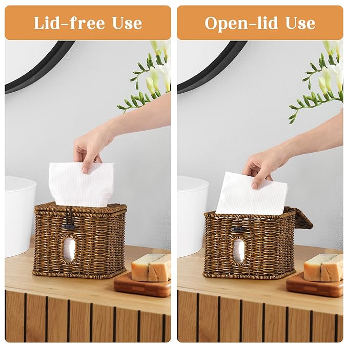 Facial Clean Skin Club Face Towels Holder for Bathroom, Plastic Rattan Disposable Face Towel Holder, Farmhouse Style for XL Face Towels Box Basket with Lid, Vintage Brown