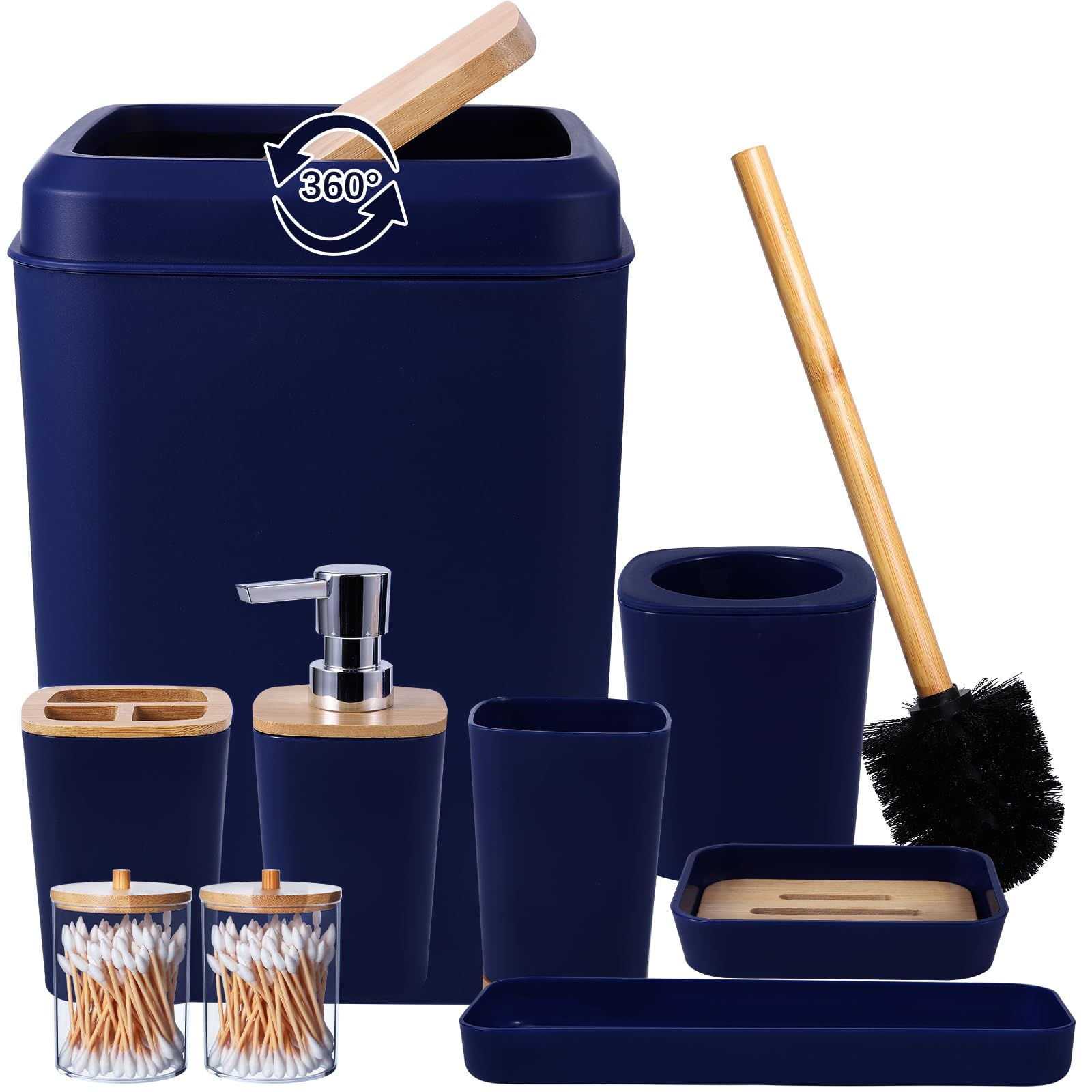 Bathroom Accessories Set, 9 Piece Navy Blue Bathroom Accessory Set with Trash Can,Toothbrush Holder,Toothbrush Cup,Lotion Soap Dispenser,Vanity Tray,Soap Dish,Toilet Brush,Qtip Holder