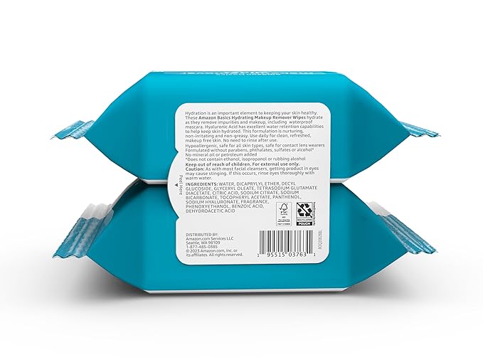 Amazon Basics Makeup Remover Wipes, Hydrating Facial Cleansing, Hyaluronic Acid, Dermatologist Tested, Plant Based, Alcohol-Free, Removes Waterproof Mascara, 25 Count, 2-Pack