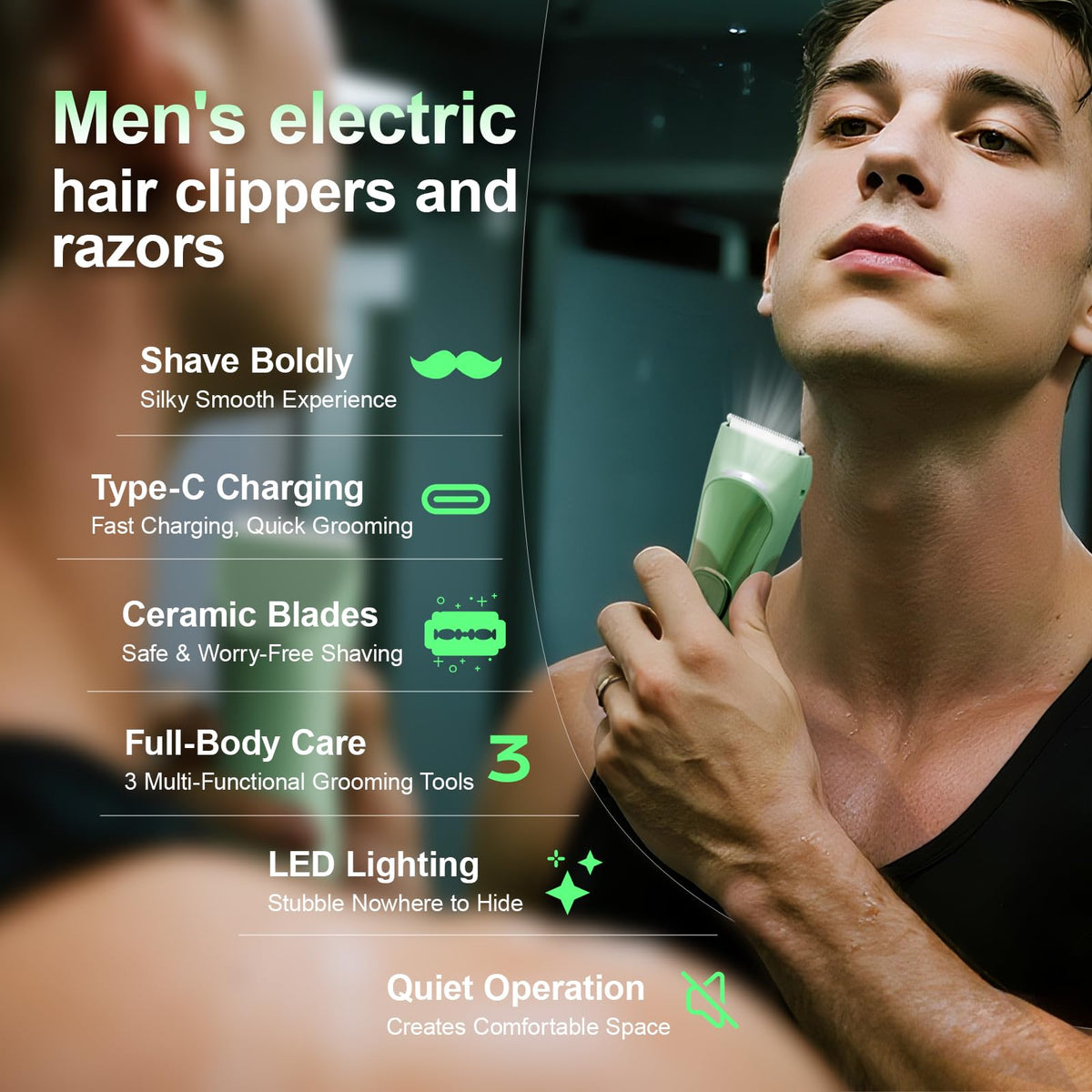 LAJCAEN Body Hair Trimmer with Ceramic Blade, Multipurpose Hair Trimmer with 3 Guide Combs for Boby Hair/Hair/Beard, Wet & Dry, Travel Lock, for Family Woman & Man, Green