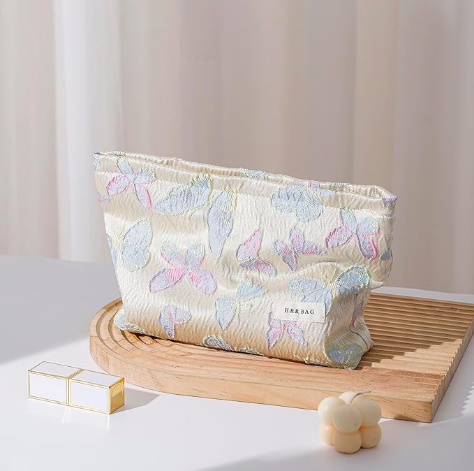 getgto 2 Pcs Makeup Bags, Large Cosmetic Bag Travel Toiletry Bag Organizer for Women, Embroidery Craft, Floral Makeup Bag Small Cosmetic Pouch Purse with Zipper Gifts for Girls Teen