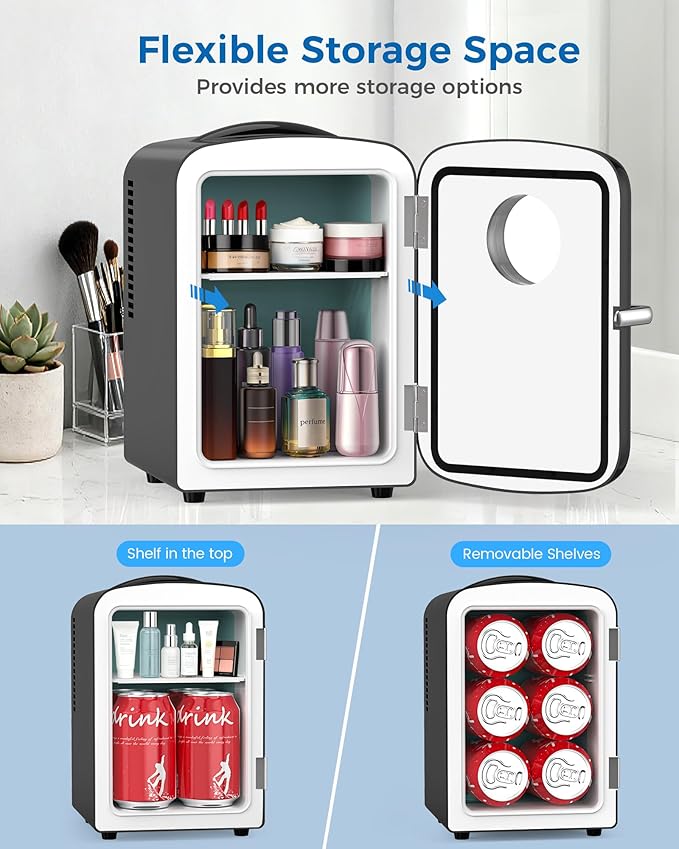Electactic Mini Fridge for Skincare, 4L/6 Cans Small Cosmetic Fridge for Makeup & Drink, With Observation Window, Portable Desk Fridge Cooler and Warmer for Kids, Bedroom, Countertop, Black