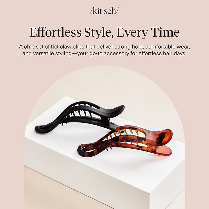 Kitsch Flat Hair Clips for Women - Strong Hold, No Slip Grip Flat Claw Clips | Sleek Curved Design For Comfortable Look | Hair Accessories For Girls - Black & Tortoise, 2pcs