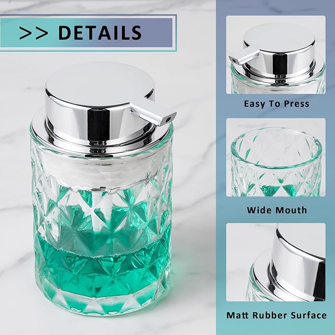 Bathroom Glass Soap Dispenser with Durable Rust-Proof Plastic Liquid Pump Hand Lotion Dispenser Antislip Shampoo Kitchen 10oz 2 Pack
