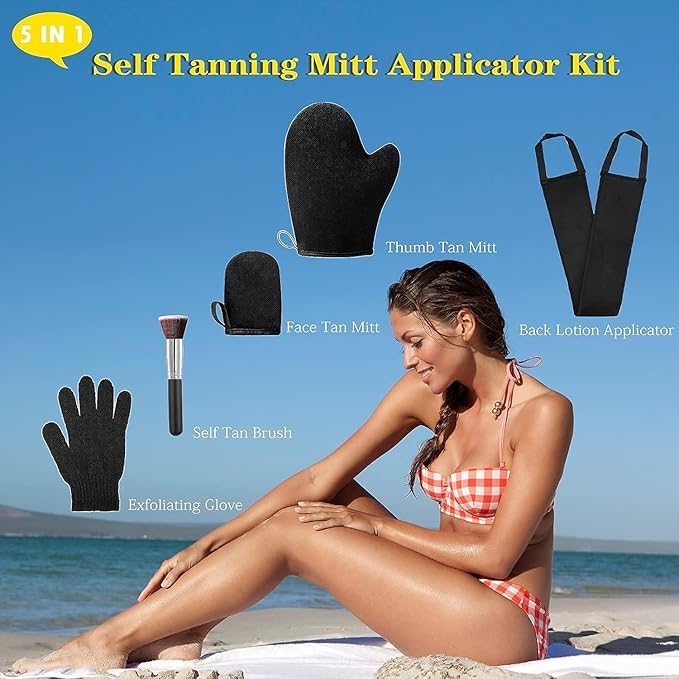 ANSPHIE 5 Pack Self Tanning Mitt Applicator Kit, Self Tan Glove, Face Tan Mitt, Back Lotion Applicator, Exfoliating Glove, Tanning Brush for Tanner Fake Bake