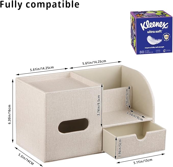 YAPISHI Tissue Box Cover with Storage Tray and Drawer, PU Leather Square Tissue Box Holder, Modern Cube Facial Tissue Dispenser, Makeup Holder, Remote Control Organizer for Nightstand, Bathroom Vanity