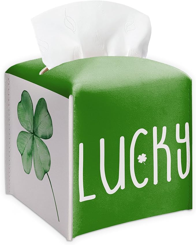 St. Patrick's Day Lucky Clover Design Tissue Box Cover - Green PU Leather Waterproof Tissue Holder - Facial Paper Organizer for Home Bathroom Office -Desk Holiday Decorative Dispenser Box-B07