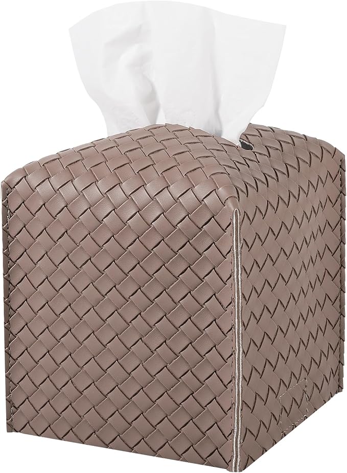 Tissue Box Cover PU Leather Tissue Holder Square Facial Tissue Case Facial Paper Organizer Dispenser for Bathroom, Vanity Countertop, Car, Light Brown