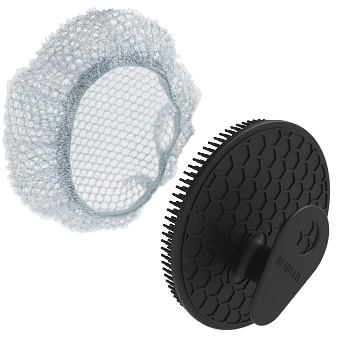 Silicone Body Scrubber with Scrub Net Set, BEAUTAIL 2 Pack for Rich Lather, Deep Cleansing, and Exfoliation – Durable, Easy to Clean, Gentle or Firmer Options – 1 Shower Brush Black, 1 Scrub Net Gray