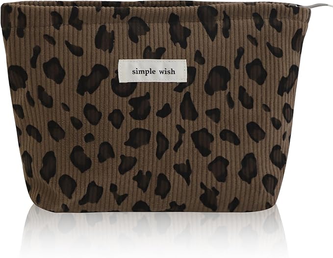 Wudygirl Makeup Bag Travel Cosmetic Bag for Women Small Makeup Pouch with Handle Zipper Cosmetic Pouch Handbag Aesthetic 8.3" x 5.9"(Brown Leopard)