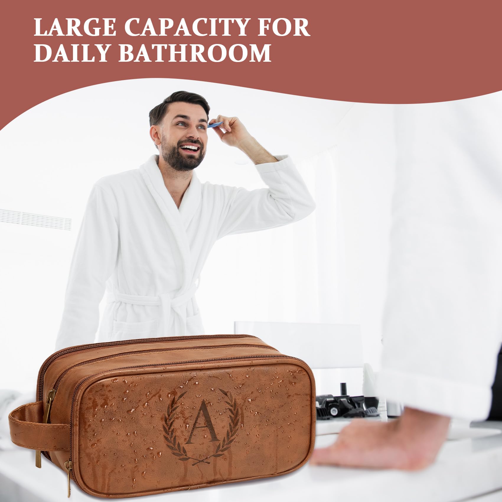 Travel Toiletry Bag For Mens PU Leather Engraved Initials (Yellow Brown A)
