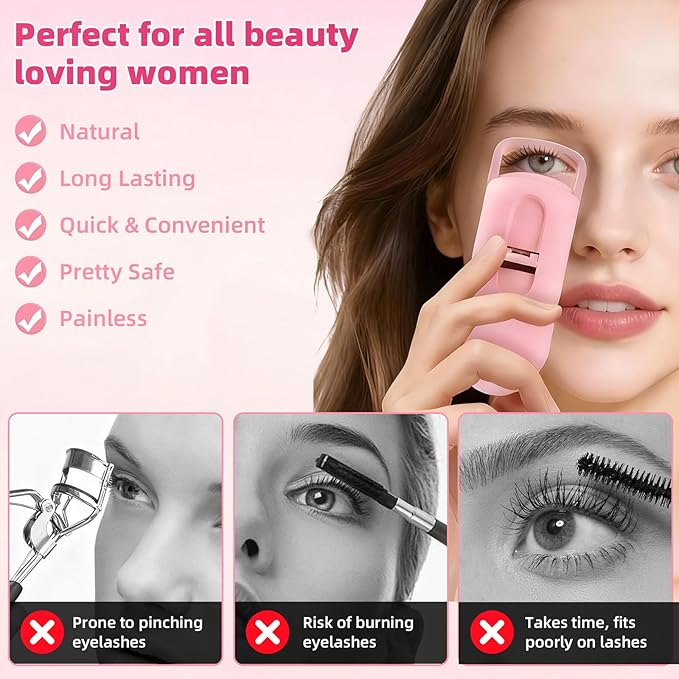 Heated Eyelash Curler, 10s Fast Heating Portable Electric Lash Curler, Type-C Rechargeable Travel Eye Lash Curlers with Anti-Scalding Silicone Pad, 2 Temp Modes & 24H Long Lasting Curves (Pink)