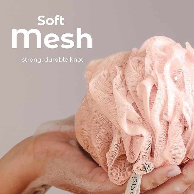 MainBasics Shower Loofah Sponge Pouf, Set of 3, Earthy Love