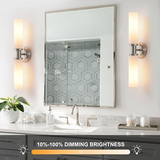 Wall Sconces Set of Two,Brushed Nickel Bathroom Sconces Wall Lighting with White Glass, Modern Sconces Wall Decor Set of 2 Wall Light fixtures for Bathroom Mirror Living Room Hallway Bedroom Wall Lamp