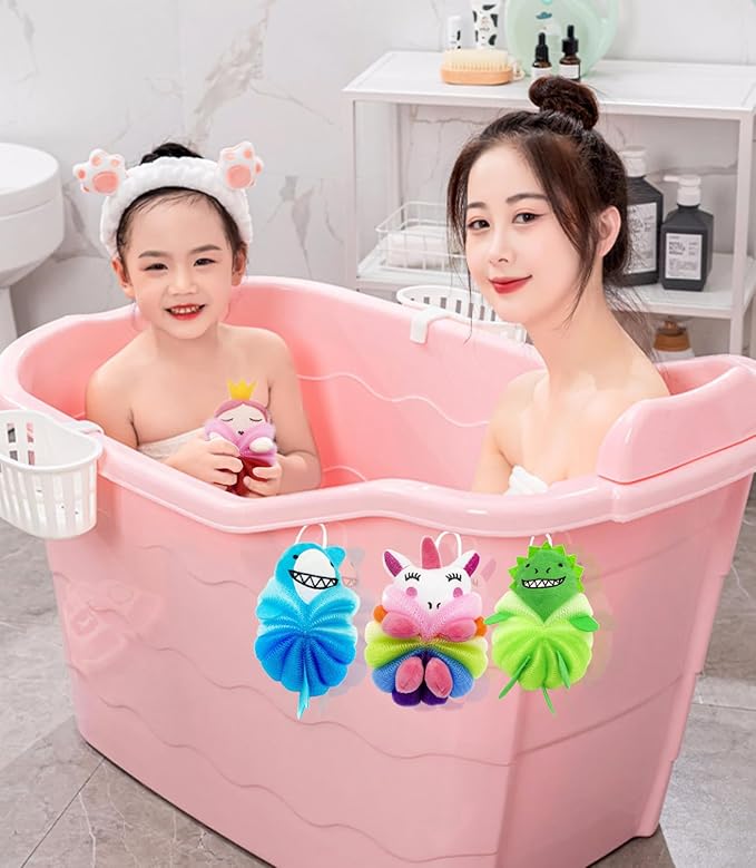 MURRI&MURRDI 3 Pack Kids Cartoon Bath Sponges - Cute Animal Shower Poufs for Toddlers, Gentle Exfoliating Body Scrubber & Mesh Loofah Gift Set for Boys Girls