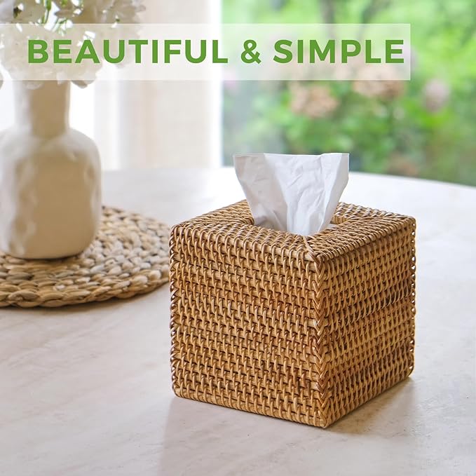 Natural Rattan Tissue Box Cover, Hand Woven Square Wicker Holder for Facial Tissues, Wicker Napkin Holder Ideal for Bathroom Living Room, Tissue Holders Decorative for Kitchen Office and Desk