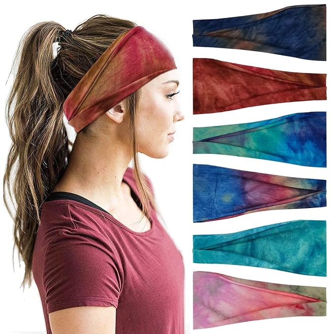 YONUF Headbands For Women Workout Wide Headband Yoga Head Bands For Women's Hair Accessories Fashion Band Tie Dye 6 Pack