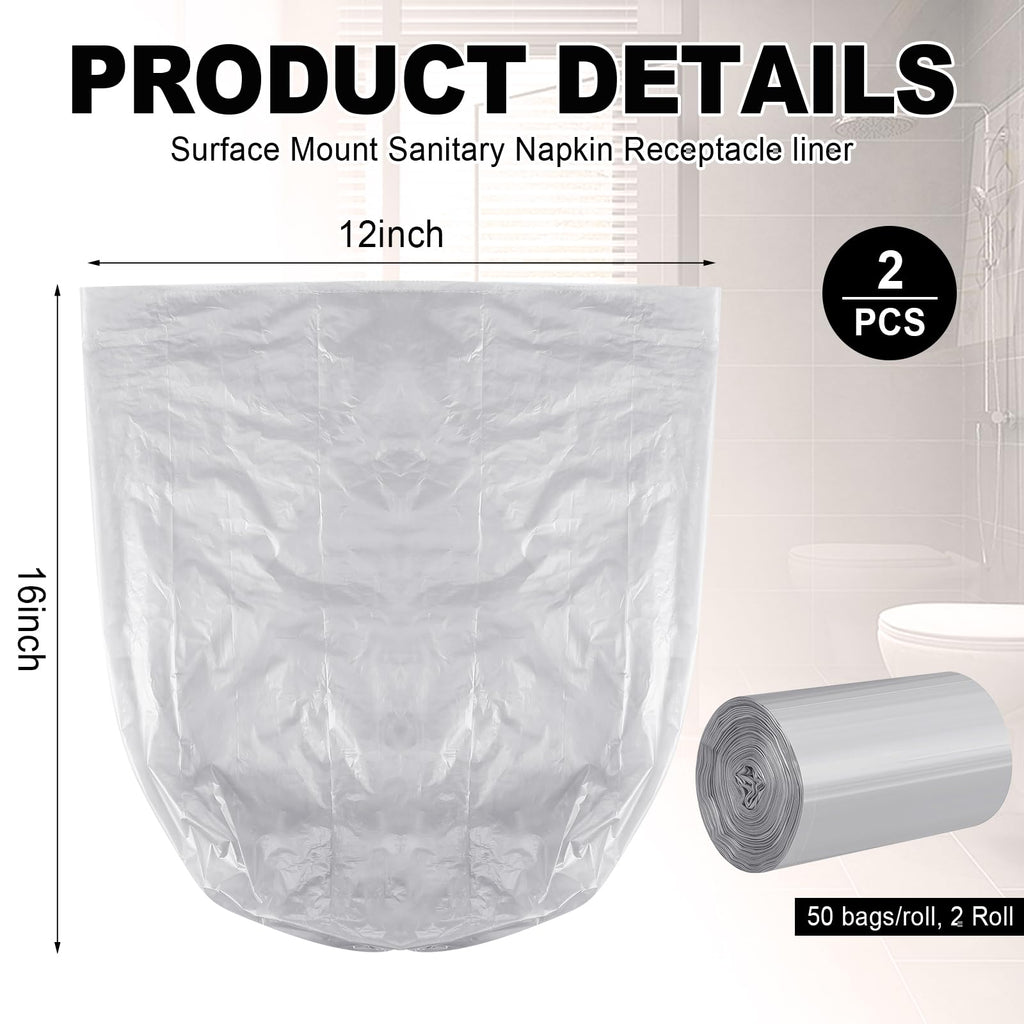 Maxdot 2 Roll 50 Bags Sanitary Napkin Disposal Receptacle Liner Surface Mount Feminine Hygiene Liner Plastic Bags for Wall Mountable Receptacles or Bin, Bathroom, Commercial, Restroom, 12 x 16 Inch