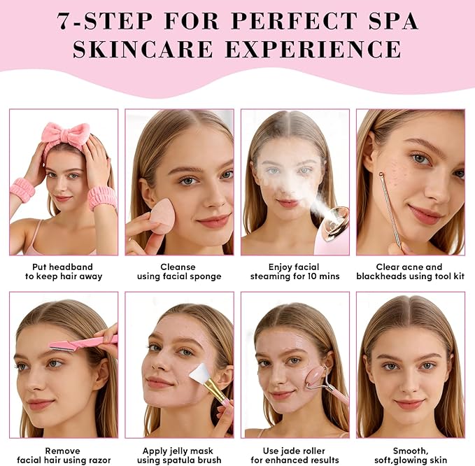 Facial Steamer Spa Kit with 17 Skin Care Tools, Nano Ionic Face Steamer for Deep Cleaning Unclogs Pores, Warm Mist Humidifier Steamer for Face Home Sauna SPA, Self Care Gifts for Women