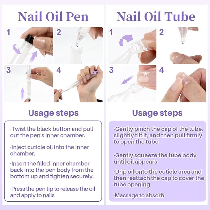 RAQEHO Refillable Cuticle Oil Pen - 1 Empty Nail Oil Pen with 20 x 1.8ml Queeze Cuticle Oil Stick with Vitamin E Jojoba Oil Softener Moisturizer Growth Strength Repair for Thin Damaged Nails（Lavender）