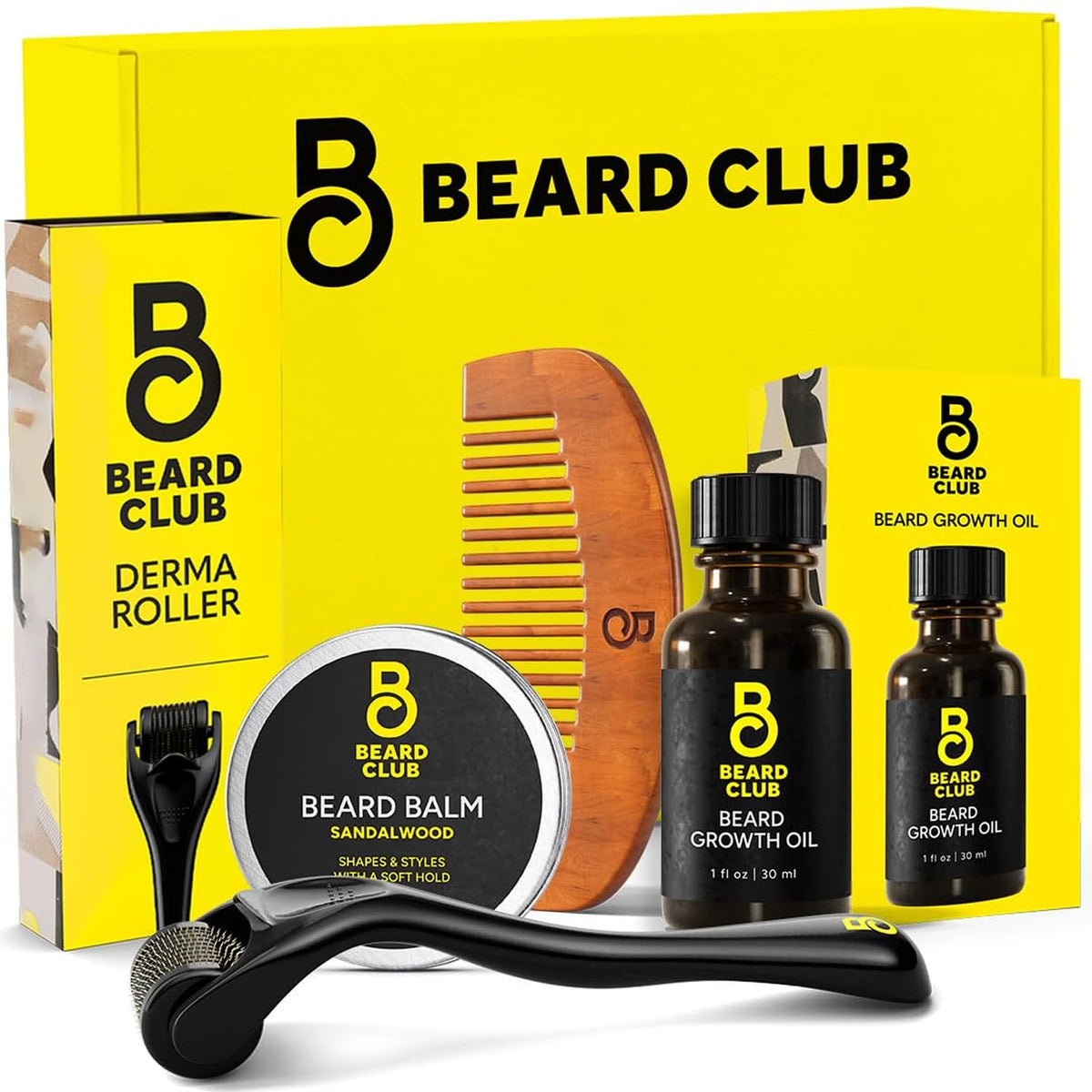 Beard Club Derma Roller & Beard Growth Oil - Microneedling Roller with 540 Titanium Coated Microneedles & Cedar, Sandalwood Beard Oil