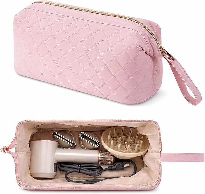 Quilted Hair Tools Travel Bag Organizer,Portable Large Hair Styling Accessories Storage Case for Flat Irons,Straightener,Curling Iron,Hair Dryer (Pink)