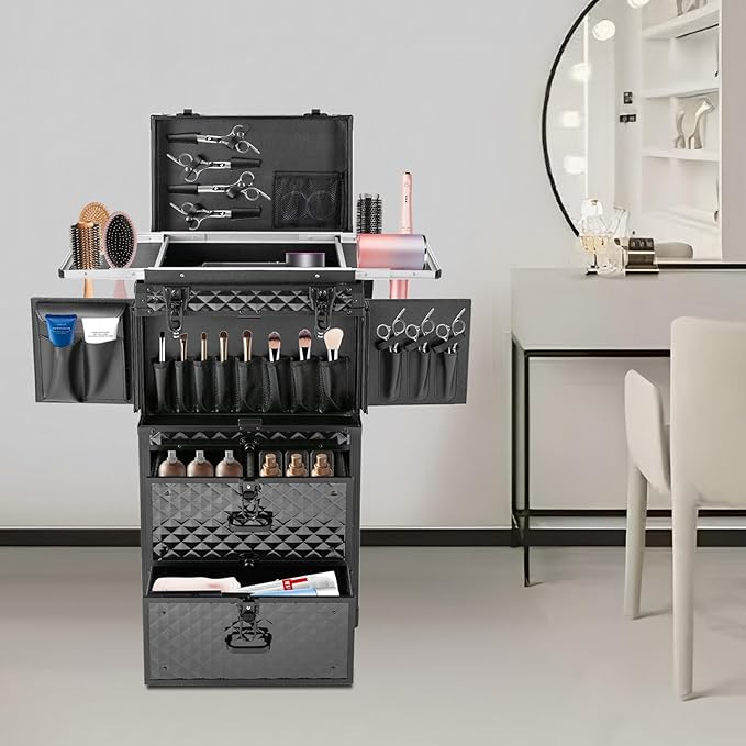 QUEWATSA Rolling Makeup Case Large Storage Cosmetic Trolley, Rolling Lockable Makeup Train Case, Stylist Beauty Salon Cosmetic Luggage Travel Organizer Tool Box with Hair Dryer Holder