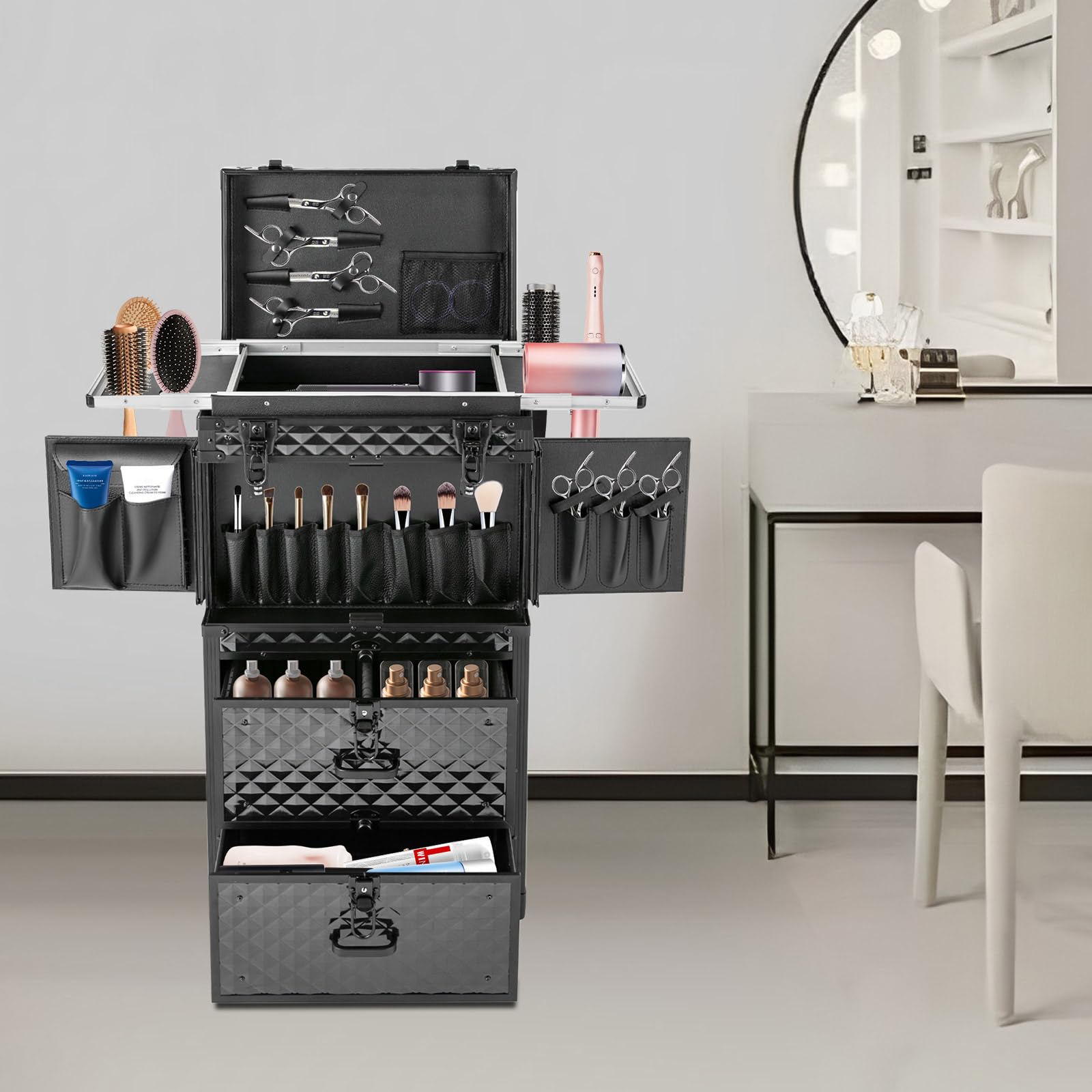 QUEWATSA Rolling Makeup Case Large Storage Cosmetic Trolley, Rolling Lockable Makeup Train Case, Stylist Beauty Salon Cosmetic Luggage Travel Organizer Tool Box with Hair Dryer Holder