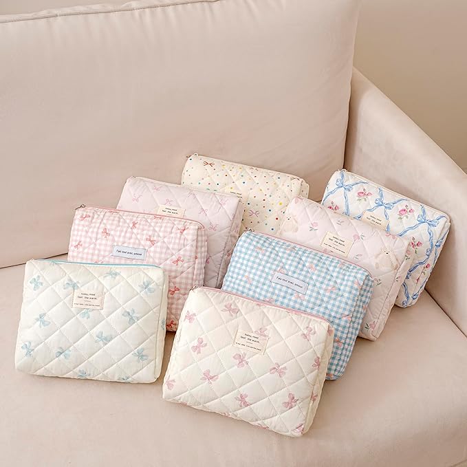 uekeboag Quilted Cotton Makeup Bag,Coquette Quilted Toiletry Bag for Women and Girls,Floral Coquette Pouch,Cute Kawaii Travel Cosmetic Bags(Little Blue Bow)