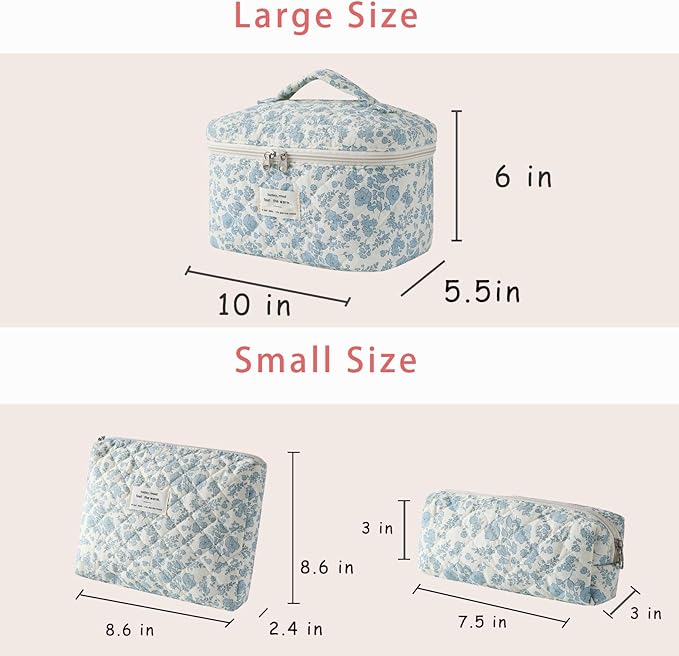uekeboag 3Pcs Large Travel Quilted Makeup Bag for Women, Floral Cotton Cosmetic Bag, Coquette Aesthetic Floral Toiletry Organizer Bag(3Pcs LightBlue