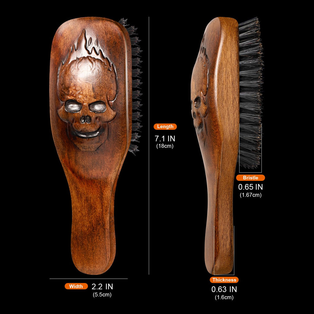Eagle Fortress Boar Bristle Hair Brush for Men Hair Care - Beard Brush, Mustache Brush with Skull on Wooden Handle, Grooming & Styling Tool for Men, Standard Size