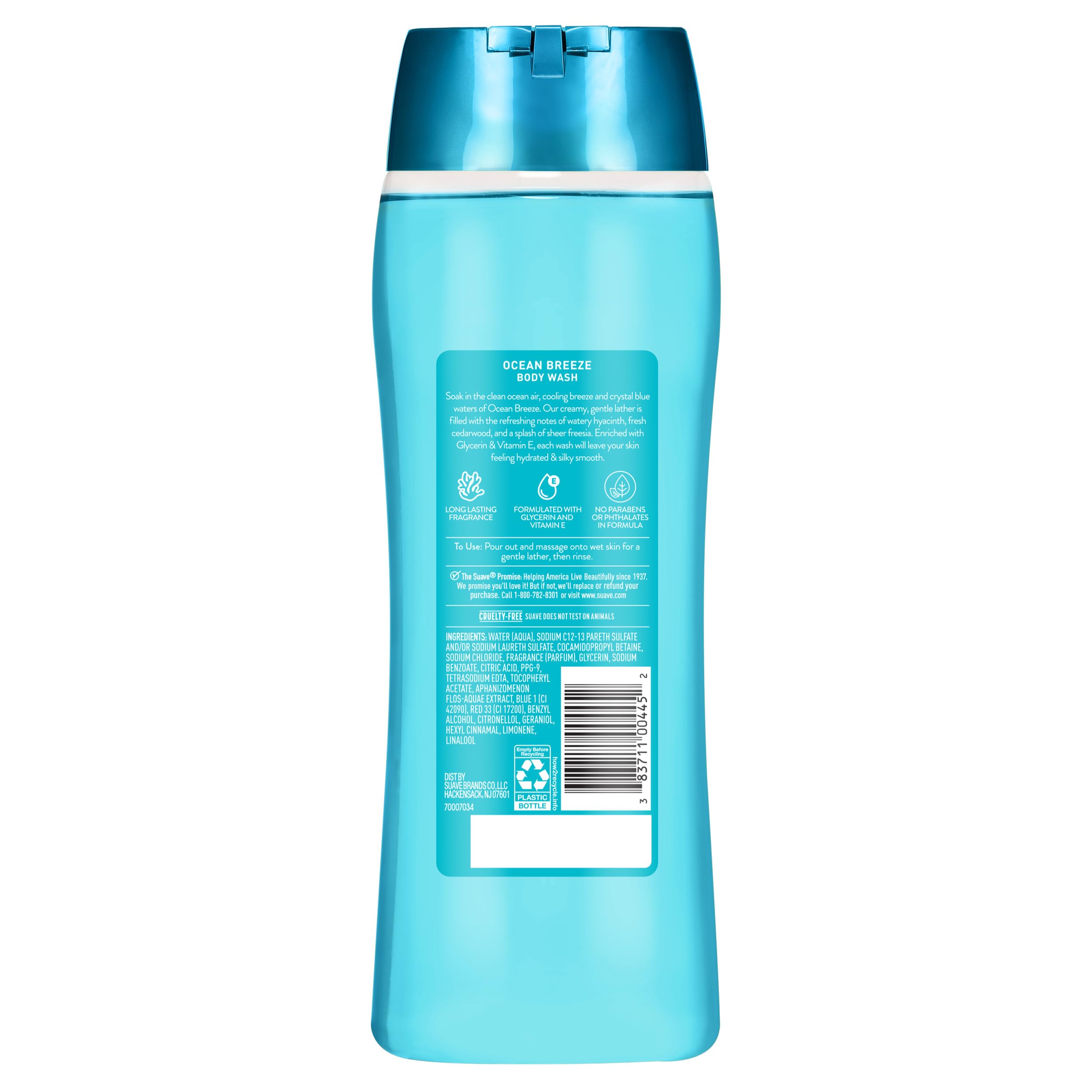 Suave Ocean Breeze Moisturizing Body Wash with Glycerin & Vitamin E, Hydrating Formula For Soft, Smooth Skin, Long Lasting Fragrance, 18 FL OZ, 6 Count