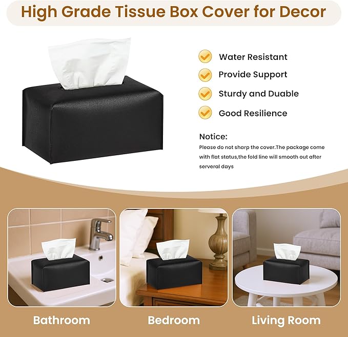 Long Tissue Box Cover, PU Leather Tissue Holder Rectangle, Facial Paper Organizer, Modern Dispenser for Bathroom, Kitchen, Home, Office, Tabletop (1, Black, Tall)