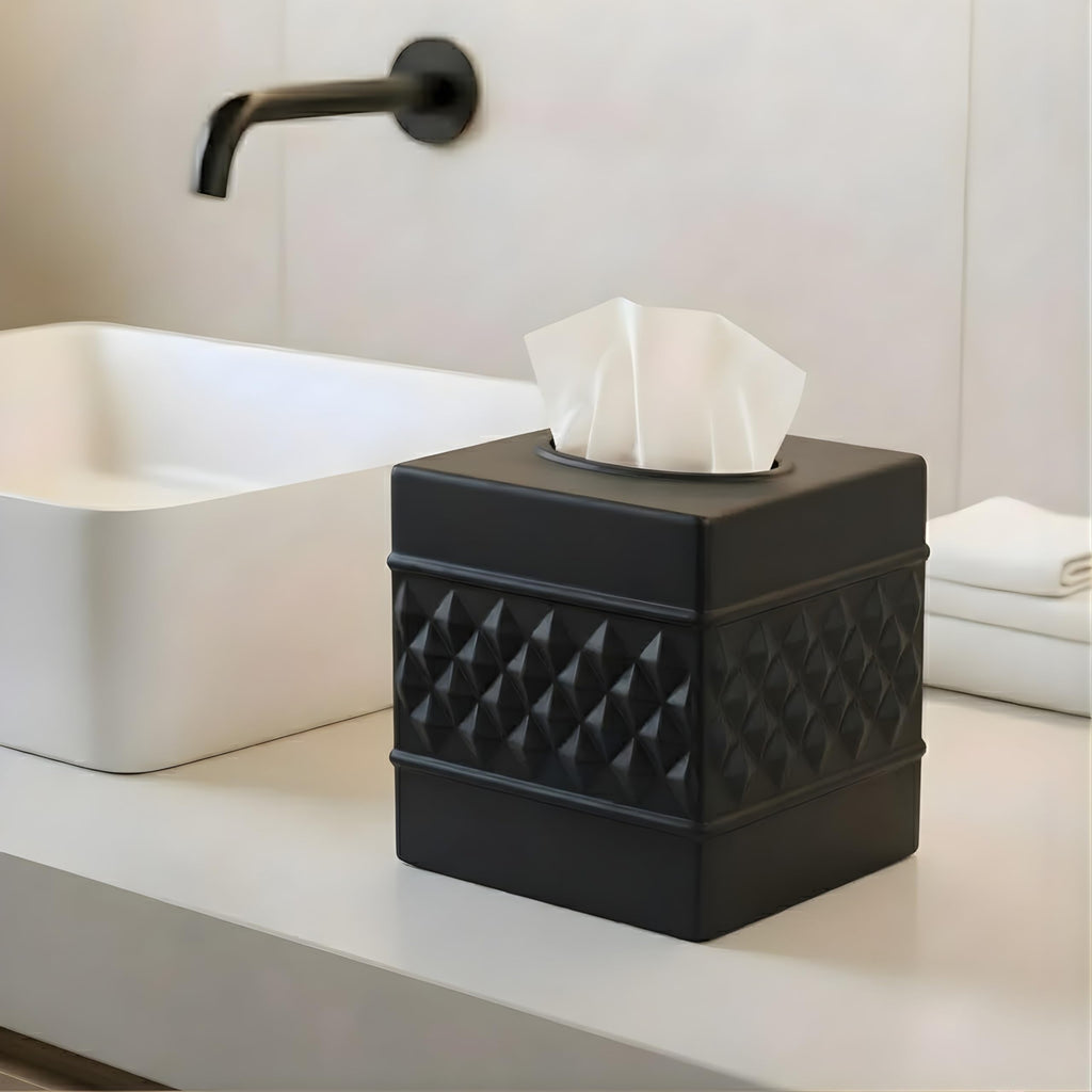Monarch Abode Tissue Box Cover Square – Handcrafted Geo Embossed Black Metal Tissue Holder Box for Bathroom Accessory, Aesthetic Decorative Facial Napkin Cube for Modern Home Décor