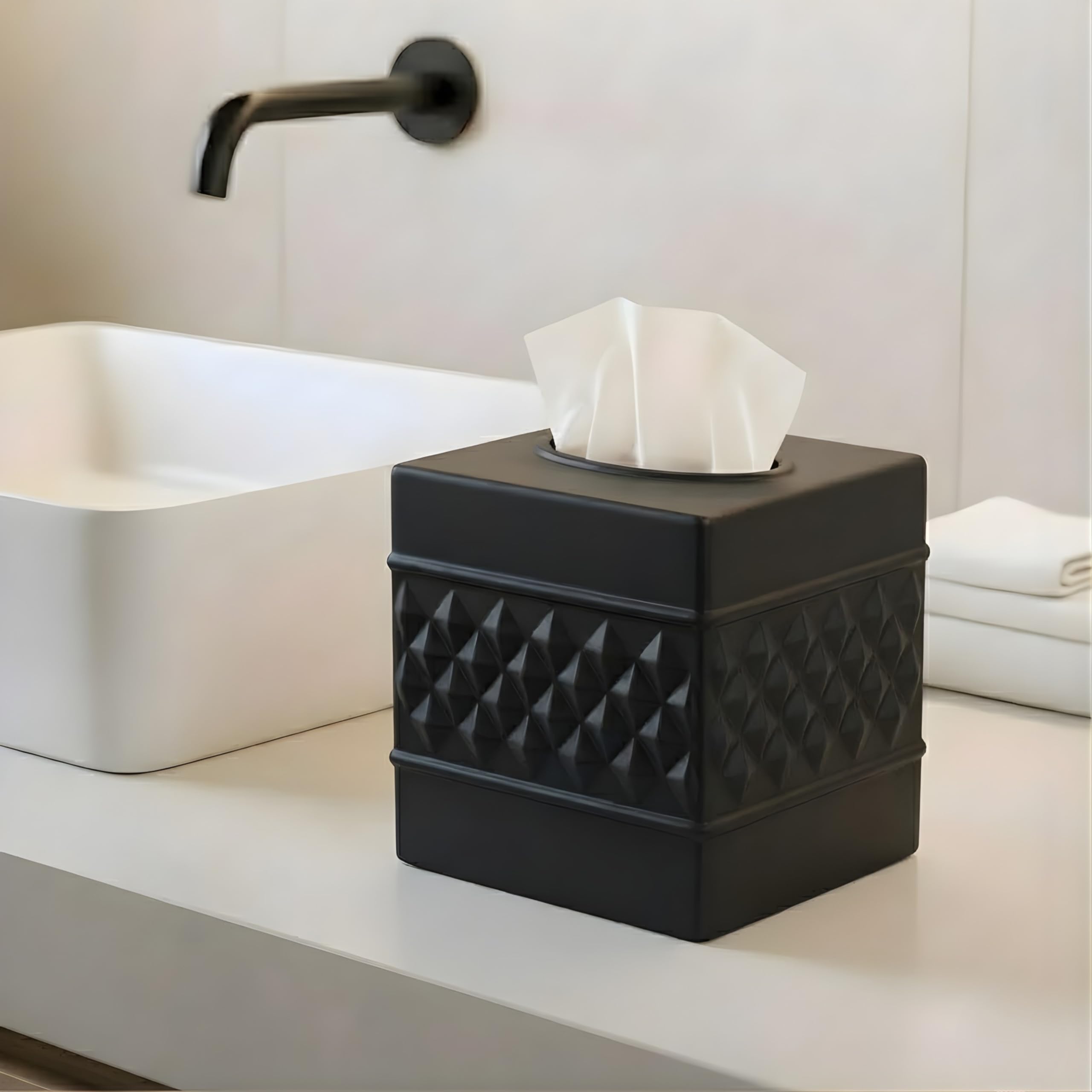 Monarch Abode Tissue Box Cover Square – Handcrafted Geo Embossed Black Metal Tissue Holder Box for Bathroom Accessory, Aesthetic Decorative Facial Napkin Cube for Modern Home Décor