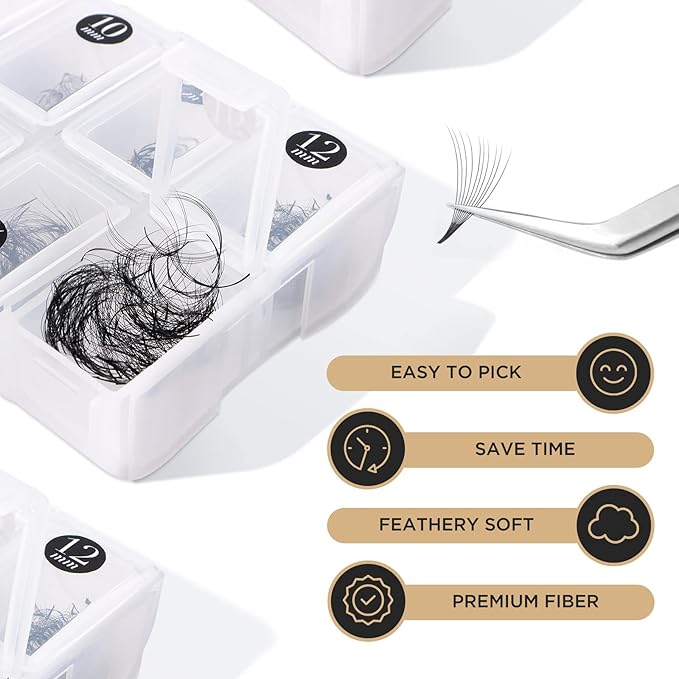 LASHVIEW 1000 Premade Volume Eyelash Extensions Mixed Tray 10D Premade Fans Eyelash Extensions C Curl Premade Lash Fans Pointed Handmade Promade Loose Fans Thin Base (10D-0.07C,9-16mm)