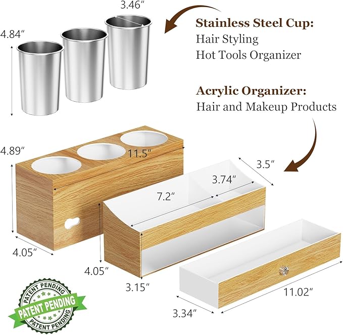 GFWARE Hot Hair Styling Tool Organizer with Drawer & 3 Cooling Cups, Wood