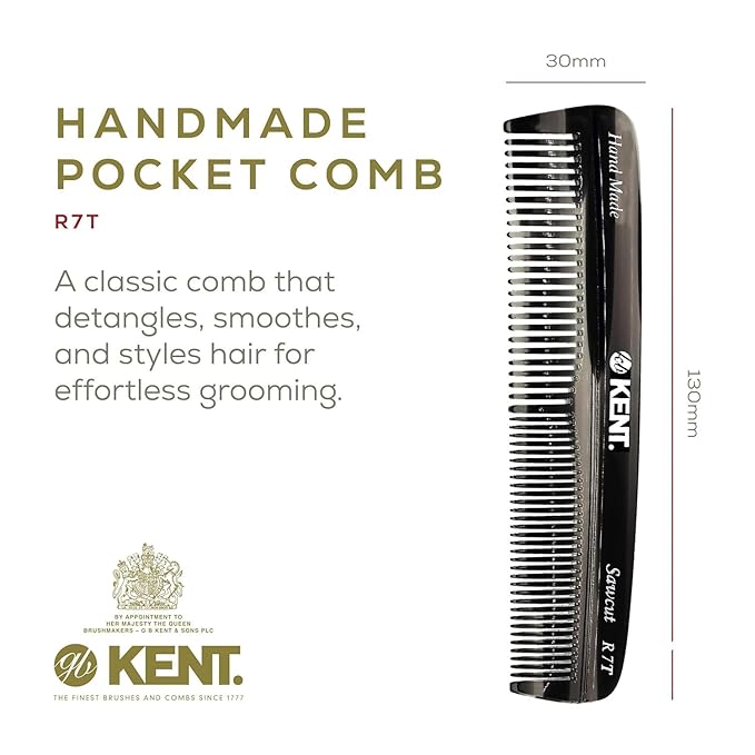 Kent R7T Fine and Wide Tooth Hair Comb, Handmade Pocket Comb for Men, Best Beard Comb and Mustache for Everyday Grooming and Styling, Sawcut Made in England