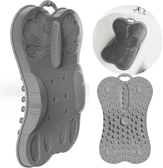 Vynusio Back Scrubber Body Bath Cushion Tub Bathtub Back Lumbar Support Ergonomic Silicone XL Thick Soft Seat Pad Non-Slip Suction Cups Relaxing Spa Mat Exfloating Scrubbing Shower 28 x 19 Grey
