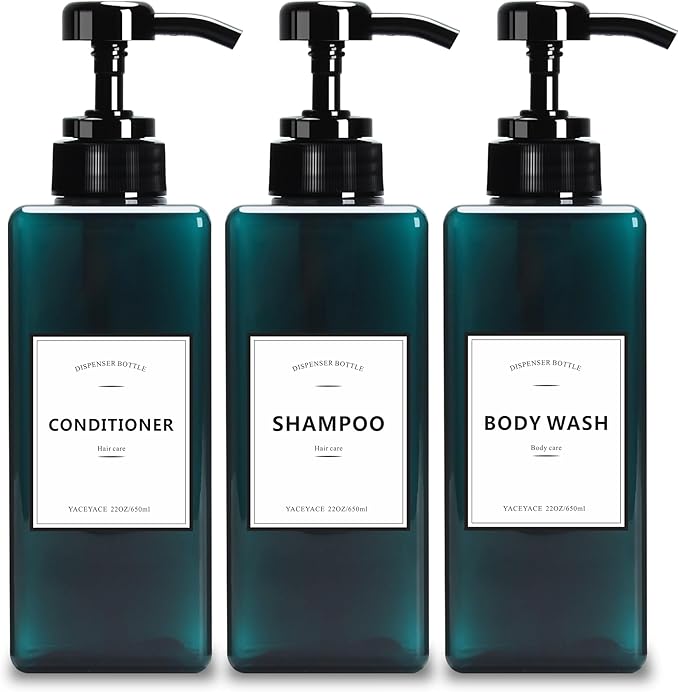 YACEYACE Large Shower Bottles with Pump, 22oz Set of 3 Shampoo Dispenser Bottles, Refillable Shampoo Dispenser Bottles for Travel, Bathroom, Kitchen