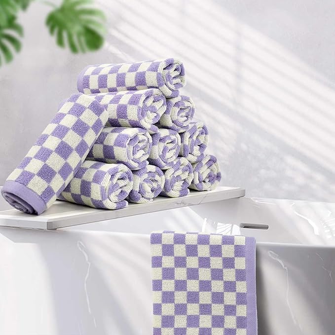 Jacquotha Cotton Washcloth 12 Pack (Lilac Checkered)