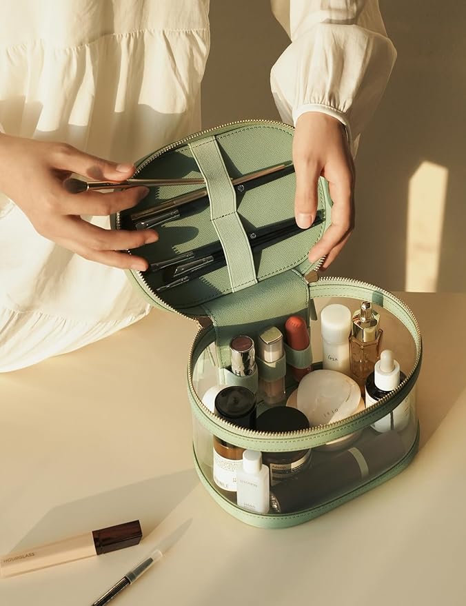 Popvibe Travel Makeup Case Clear Vanity Bag with Brush Holder, Compact Leather Train Case Sage Green Make Up Bag Storage Organizer Luxury Cosmetic Case Travel Essentials Cute Portable with Handle