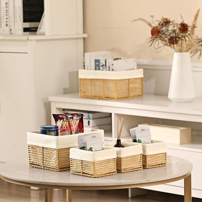 Vagusicc Wicker Storage Basket, Hand-Woven Paper Rope Wicker Baskets, Rectangular Small Wicke Baskets for Organizing, Cube Storage Bins for Closet/Clothes/Dresser, Natural, 5-Pack