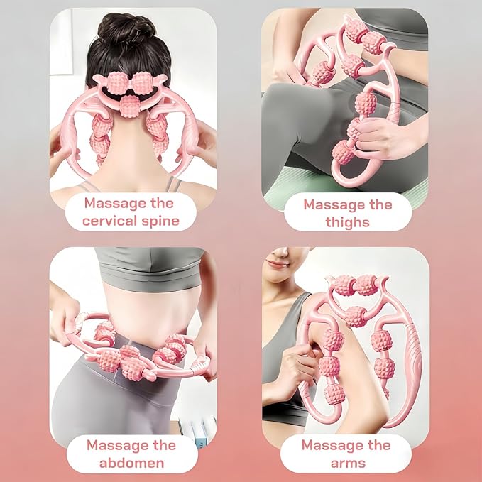 CyanBreeze Full Body Massage Tool with 9 Rollers, Pink Manual Massager for Neck, Shoulder, Back, Arms, Legs, 25cm Length, Double Massage Area Design