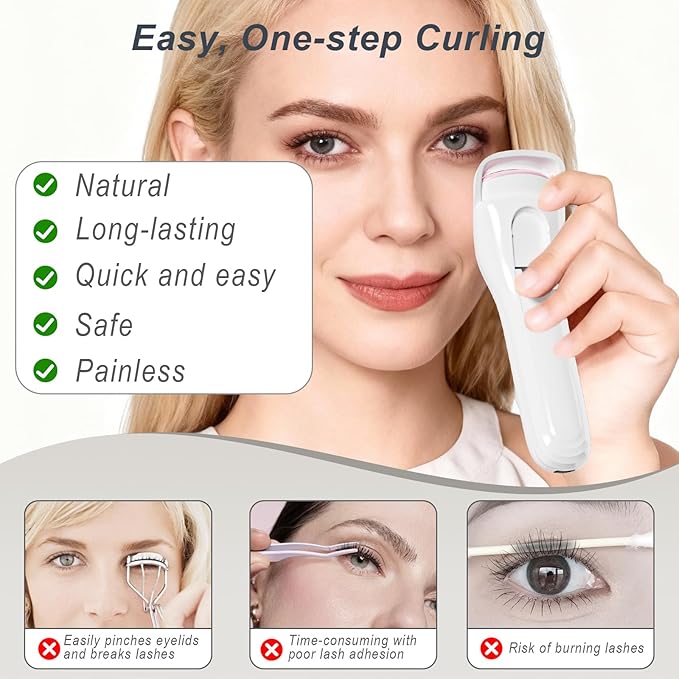 Heated Eyelash Curler for Women, Type-C Rechargeable with 3 Temp Settings & Silicone Pad for Natural C Curl, Travel-Friendly Heated Lash Curler (White)