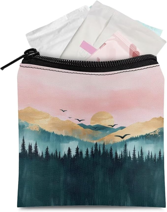 Women Period Bags Waterproof Novelty Landscape Printed Pink Sanitary Napkin Storage Bag Organizer for Daily Use