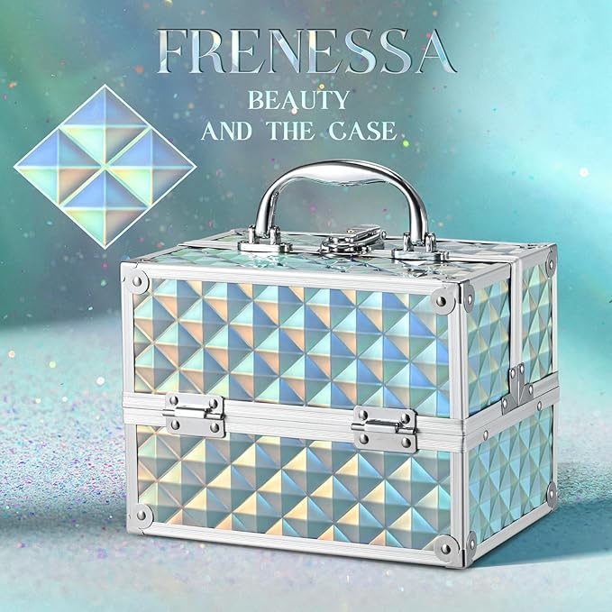 FRENESSA RENESSA Makeup Train Case Portable Makeup Case Organizer Cosmetic Box Make Up Box Makeup Organizer Cosmetic Storage Cases with Locking Nail Kit Organizer Travel Case Shiny Blue